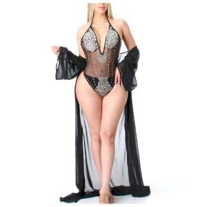 Rhinestone Embellished Swimsuit with Sheer Kimono